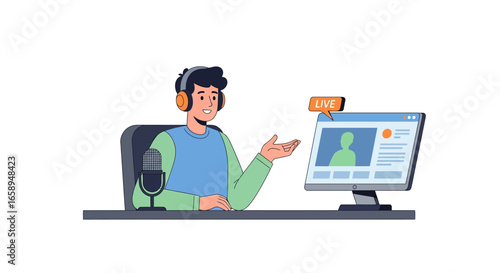 Illustration of a man broadcasting live with a microphone and headphones for his online audience on a digital platform