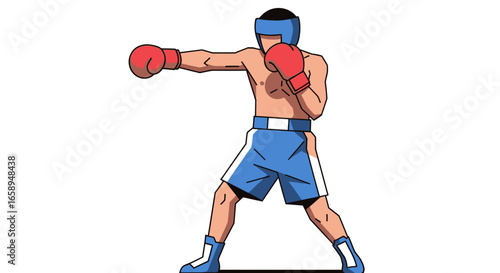 Dynamic boxing stance of a focused fighter in full protective gear ready to strike illustration