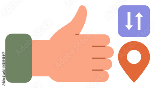 Hand giving thumbs-up next to orange location pin and blue data transfer icon. Ideal for navigation, approval, feedback, communication, direction, decision-making, or teamwork themes. Simple flat