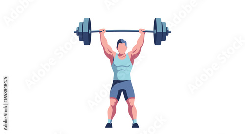Vector illustration showcasing a muscular man performing an overhead press with a barbell on an isolated white background symbolizing strength and