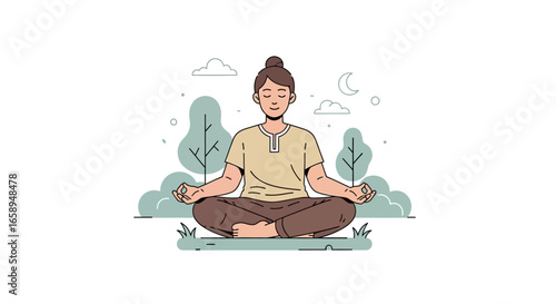 Meditative Serenity: A minimalist illustration of a peaceful figure finding balance and calm through mindfulness amid nature's tranquility