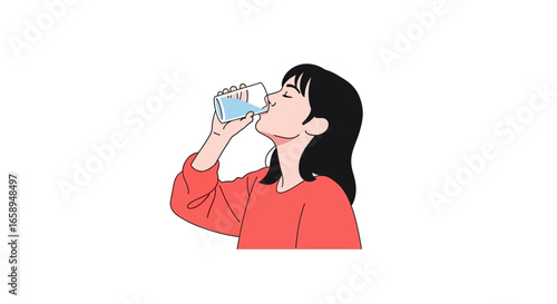 Illustration of a young woman drinking refreshing water from a glass in a simple and clean artistic style drawing attention to daily hydration