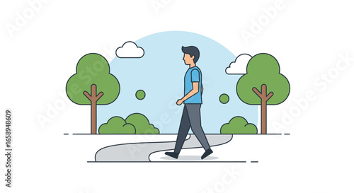 Man taking a leisurely stroll through the park with trees and clouds illustration ideal for promoting health and wellbeing initiatives
