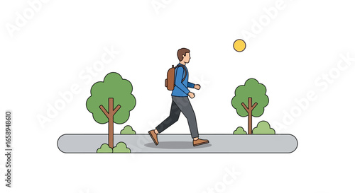 Illustrated man walking on a path between trees with sunlight, conveying a sense of relaxation and simple outdoor activity experience
