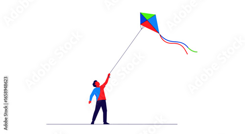 A vibrant minimalist illustration of a person joyfully flying a colorful kite on a clear day showcasing freedom and fun outdoors providing a