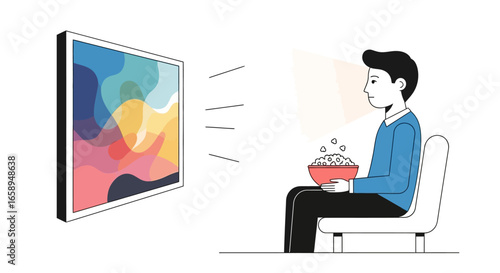 Cozy evening scene: Person enjoying a movie with popcorn at home watching television displaying abstract colourful artistic expression
