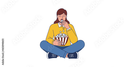 Woman Relaxing with Popcorn: An Illustration of Comfort and Leisure, Depicting a Cozy and Serene Moment of Solitude, Enjoying a Snack