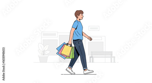 A young shopper enjoying his time strolling along a retail center after purchasing new items showcasing consumerism and leisure lifestyle with a