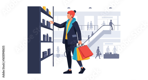 A Modern Shopper's Experience: Woman Browsing Products in a Department Store Illustration