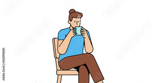 Isolated illustration of a relaxed person enjoying hot beverage in simplistic, minimalist style on a chair, depicting a serene scene for lifestyle
