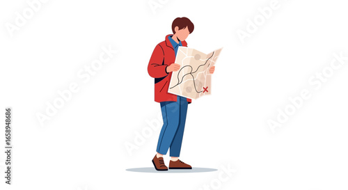 Lost in transition: An illustration depicting a traveler studying a roadmap for orientation and guidance during trip planning and navigation,