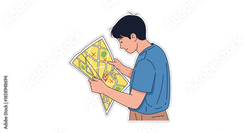 Cartoon illustration showcasing a young man intently studying a city map for navigation and exploration with various landmarks and routes, adding a