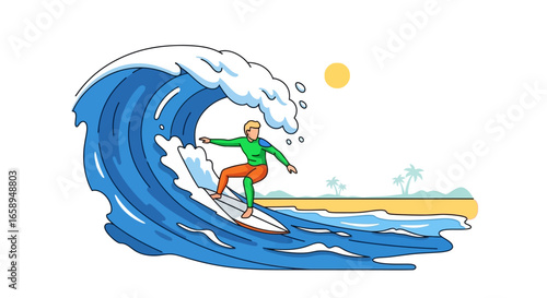 Dynamic cartoon illustration displaying a surfer riding a vibrant ocean wave under the sun with tropical island backdrop, exhibiting youthful energy