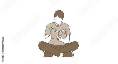 Illustration depicting a person engrossed in reading and writing while seated cross-legged posture on a minimalist white background