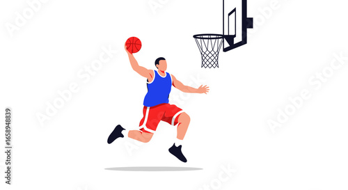 A Minimalist Illustration Showcasing the Dynamic Motion of a Basketball Player Making a Slam Dunk Near the Hoop