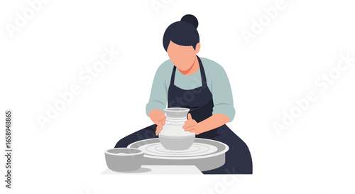 Woman crafting pottery on wheel, shaping clay with hands in studio, expressing artistry through ceramic creations, embracing handmade traditions and