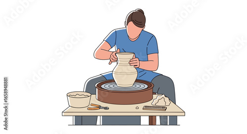 Illustrative scene of a potter shaping a vase on a spinning wheel, emphasizing craftsmanship and artisanry skills in a studio setting