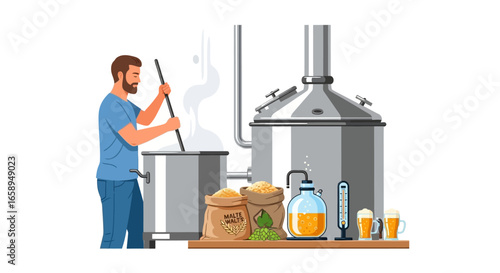 Artisanal Beer Creation: A Brewer Mastering His Craft in a Modern Home Brewery Setting Portraying a Brewing Professional at Work