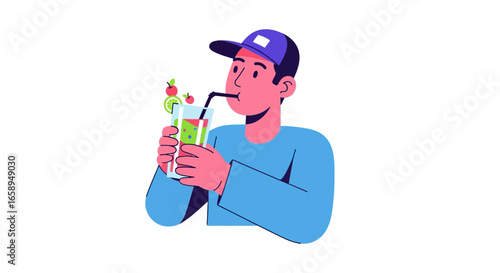 Flat vector illustration of a young man enjoying a refreshing green smoothie, embodying a healthy and vibrant lifestyle choice