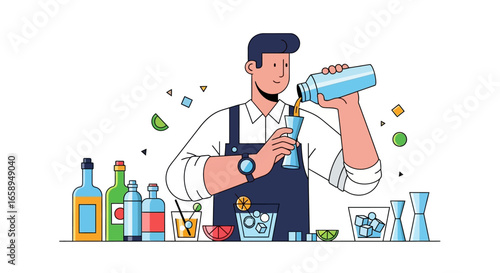 Stylish bartender preparing drinks using modern mixology with a vibrant and colorful aesthetic illustration showcasing a cocktail preparation process