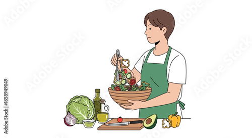 Illustration of a person preparing a fresh, vibrant salad with various vegetables and ingredients in a bright kitchen setting promoting healthy eating