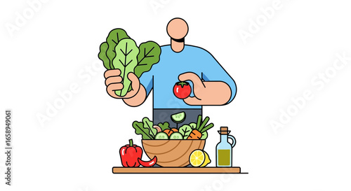 Faceless character preparing a fresh salad, showcasing healthy ingredients like lettuce and tomato for wellness and diet conscious individuals
