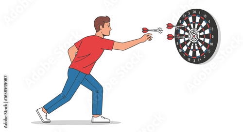 Focused dart player throwing for bullseye exhibiting concentration and precision, aiming for success and achieving target, achieving goals accurately