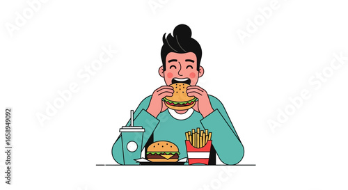 Animated man savoring a burger meal with french fries and a beverage on a light background, with bold lines and vibrant colors for a modern look