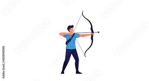 Focused archer aiming a bow and arrow against a clean white backdrop, illustrating sport discipline and precision, vector graphics