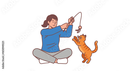 A heartwarming scene depicting a woman engaging in playful interaction with her enthusiastic ginger tabby cat using a teaser toy in a cozy setting