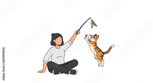 Whimsical illustration of a woman playfully engaging with her tabby cat using a feather toy creating a cheerful and lighthearted moment of domestic