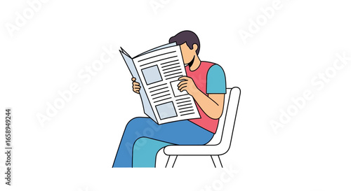 Relaxed figure immersed in news, finding updates on current events in a minimalistic drawing of a man reading the newspaper