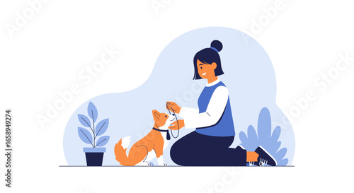 Whimsical illustration depicting a young woman preparing to walk her sprightly corgi puppy, amidst a serene backdrop with stylized flora,