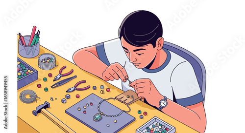 A young adult meticulously crafting jewelry at their workbench, adorned with tools and colorful beads reflecting the joy of creation and the art of