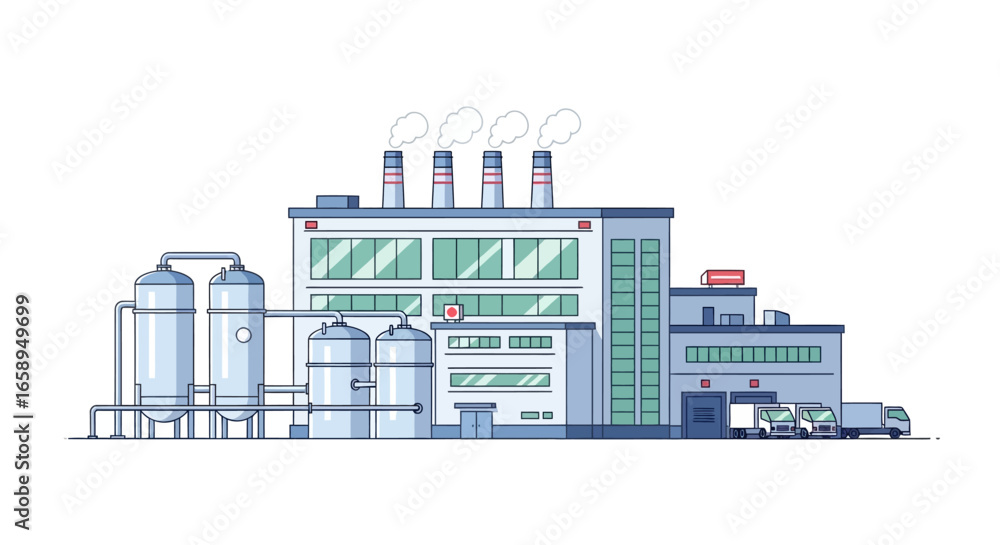 Fototapeta premium Illustrated industrial facility showcasing tanks, chimney stacks, and delivery trucks, portraying a modern manufacturing landscape conveying