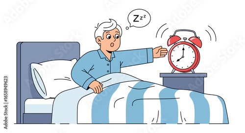 Annoyed sleeper reaching to silence ringing alarm clock on nightstand, cartoon style depiction of morning struggle against time constraints and