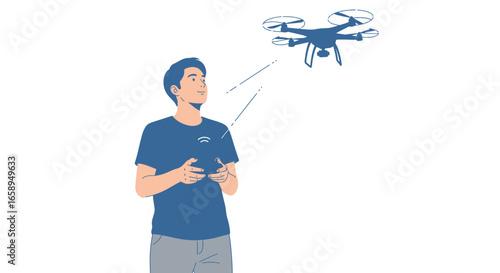 Young Man Operating Drone for Aerial Photography or Remote Control Applications illustration