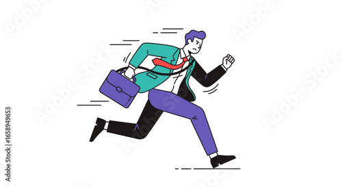 Cartoon illustration of an urgent businessman sprinting with a briefcase, symbolizing deadline rush and corporate stress conveying a sense of