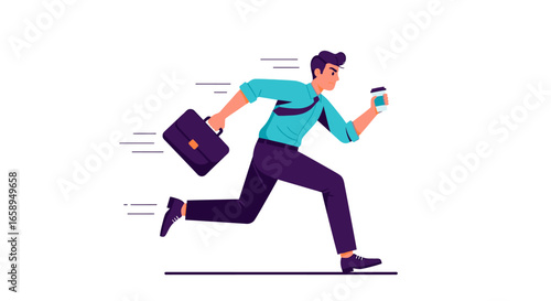 Urgent businessman sprinting with briefcase and coffee cup symbolizing deadlines and efficiency facing modern challenges, conveying determination