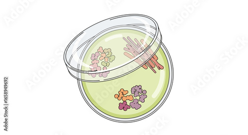 Illustration of petri dish with microbial growth patterns, isolated for scientific analysis and laboratory experimentation visual research 74