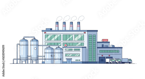 Illustrated industrial facility showcasing tanks, chimney stacks, and delivery trucks, portraying a modern manufacturing landscape conveying
