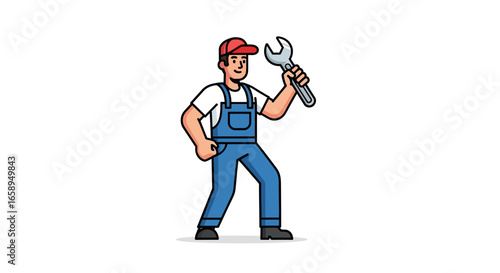 Cartoon Illustration of a Repairman Holding a Wrench, Ready to Fix Problems with Dedication and Expertise
