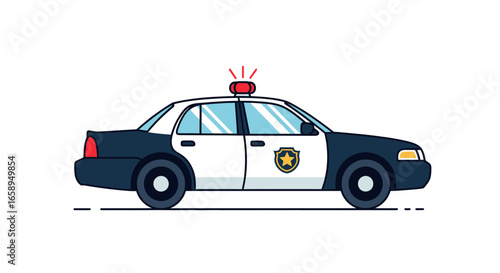 Cartoon illustration depicting a police cruiser with its iconic design elements in a simplified and stylized form conveying emergency response and