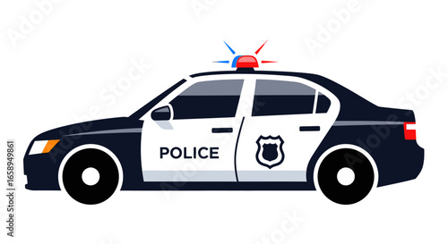 Vector illustration of a police car, isolated on a white background, in a simple and clean style, perfect for various design projects and applications