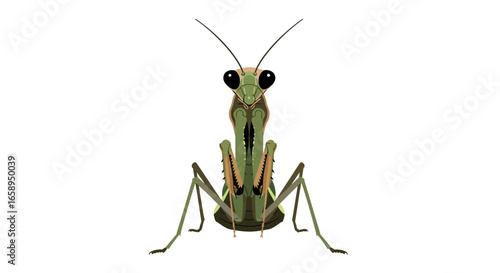Digital depiction of a mantis religiosa poised on a white backdrop rendered in a cartoon style illustration with intricate details and subtle color