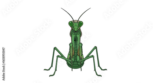 Detailed illustration of a praying mantis in vibrant green hues against a crisp white background showcasing its unique anatomy
