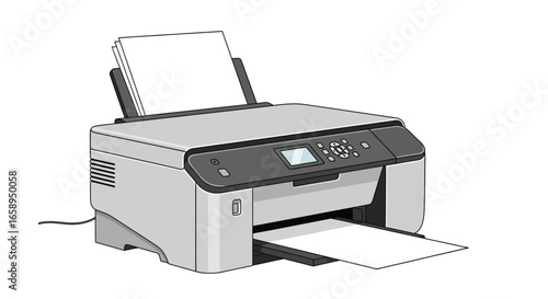 Detailed illustration showcasing a printer producing a sheet of paper in a monochromatic gray tones against a white background rendering a sleek