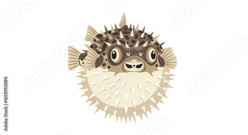 Delightful digital illustration of a pufferfish with an endearing cartoonish appearance, set against a stark white backdrop that highlights its charm
