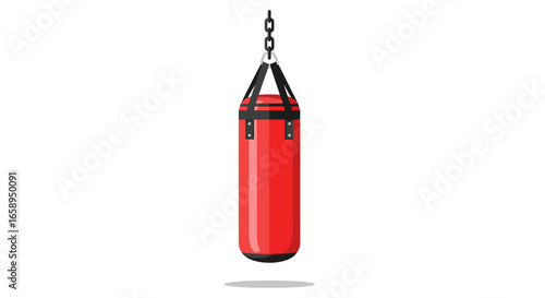 Isolated vibrant red punching bag hanging by metal chain representing training equipment for combat sport disciplines and fitness programs