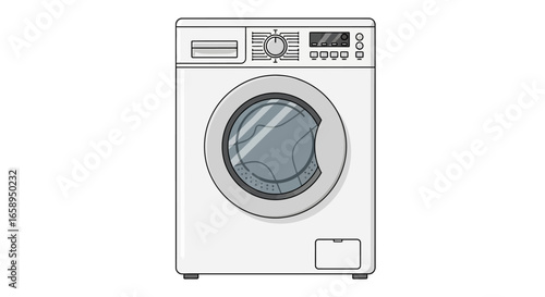 Modern automatic front load washing machine appliance for clothing care and laundry service illustration in white color on a clean isolated background